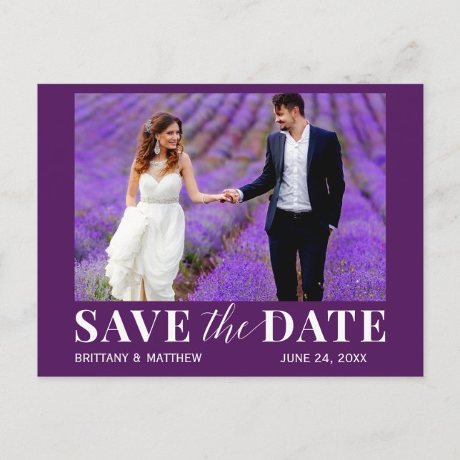 Modern Trendy Photo Purple Save The Date Postcard (Front)