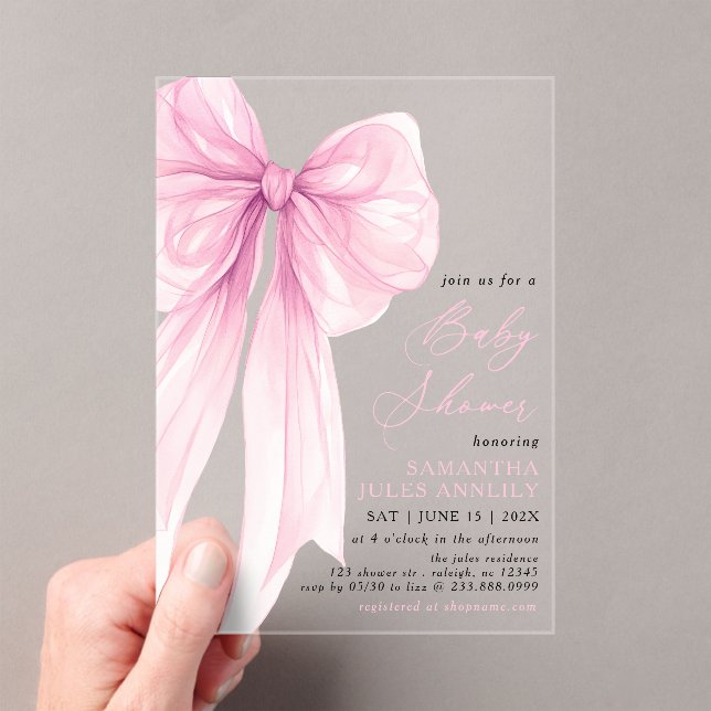 Modern Trendy Pink Bow Baby Shower Acrylic Invitations (Insitu (Handheld))