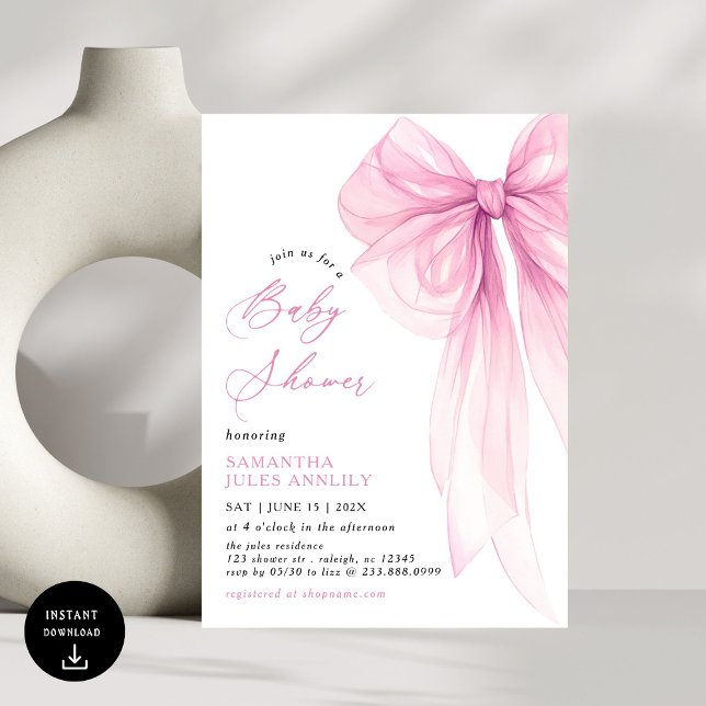 Modern Trendy Pink Bow Baby Shower Invitation (Creator Uploaded)