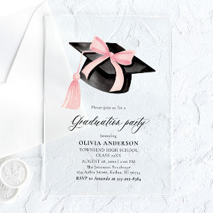 Modern Trendy Pink Bow Graduation Cap Graduation Acrylic Invitations