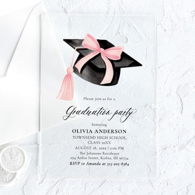 Modern Trendy Pink Bow Graduation Cap Graduation Acrylic Invitations (Creator Uploaded)