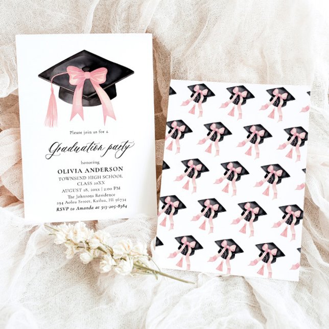 Modern Trendy Pink Bow Graduation Cap Graduation Invitation (Watercolor Modern Elegant Trendy Stylish Pink Bow Graduation Invitation)