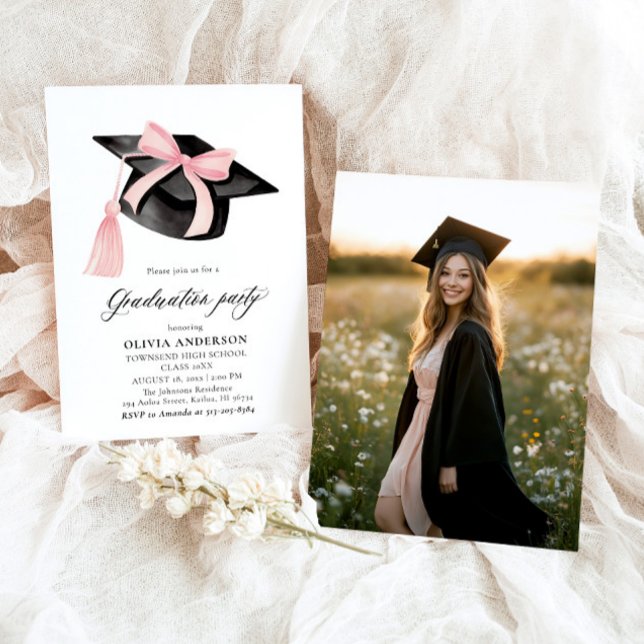 Modern Trendy Pink Bow Graduation Cap Graduation Invitation (Watercolor Modern Elegant Trendy Stylish Pink Bow Graduation Invitation)