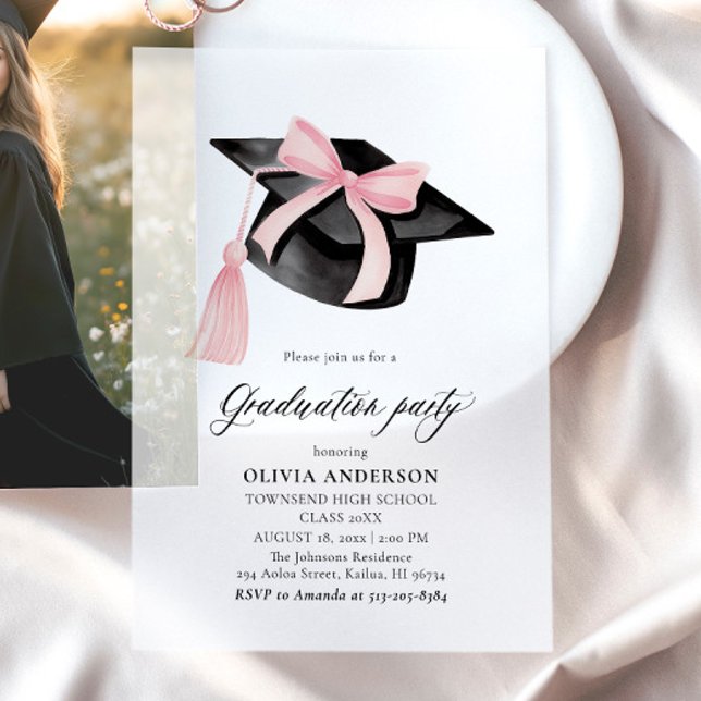 Modern Trendy Pink Bow Graduation Cap Graduation Vellum Invitations (Creator Uploaded)