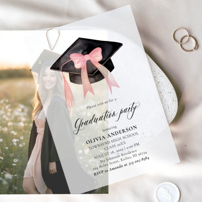 Modern Trendy Pink Bow Graduation Cap Graduation Vellum Invitations (Creator Uploaded)