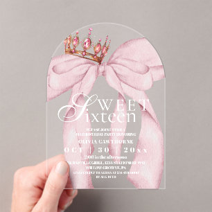 Modern Trendy Pink Bow Sweet 16 Birthday  Acrylic Invitations