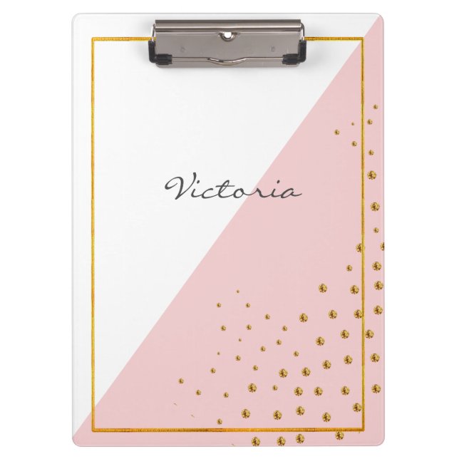 Modern Trendy Pink Gold Dots Add Your Name Clipboard (Front)