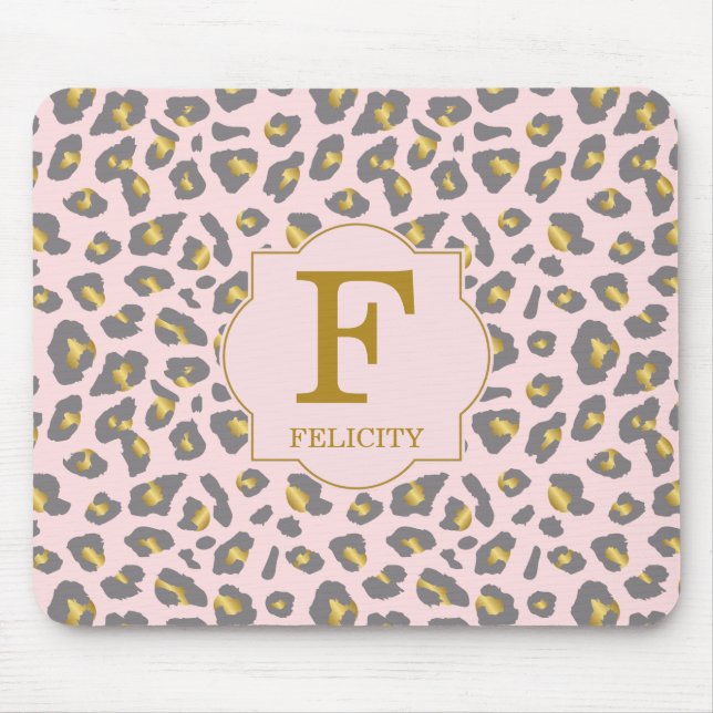 Modern Trendy Pink Gold Leopard Pattern Monogram Mouse Pad (Front)