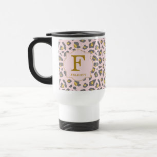 Modern Trendy Pink Gold Leopard Pattern Monogram Travel Mug