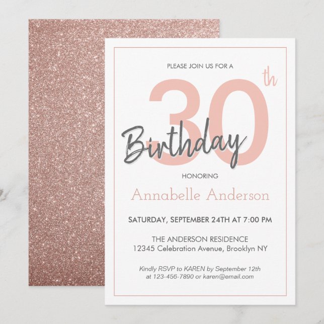 Modern Trendy Pink Rose Gold Glitter 30th Birthday Invitation (Front/Back)