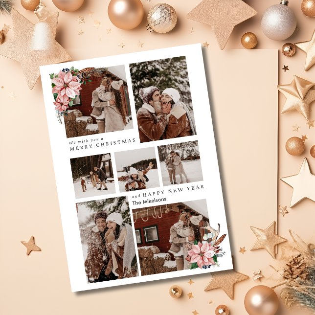 Modern Trendy Poinsettia Christmas Couple Photo  Holiday Card (Creator Uploaded)