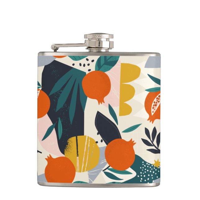 Modern Trendy Preppy Chic Apricot and Leaves Hip Flask (Front)