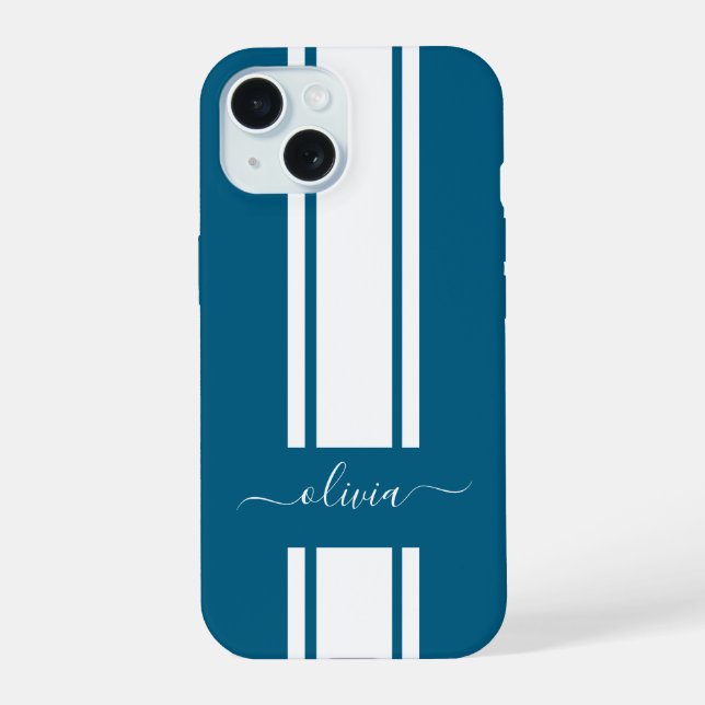 Modern Trendy Racing Stripes monogrammed  iPhone 15 Case (Back)