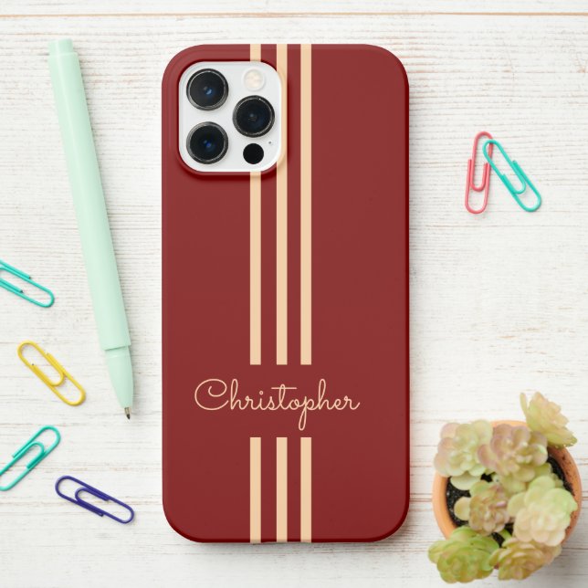 Modern Trendy Racing Stripes monogrammed  iPhone Case (On Desk)