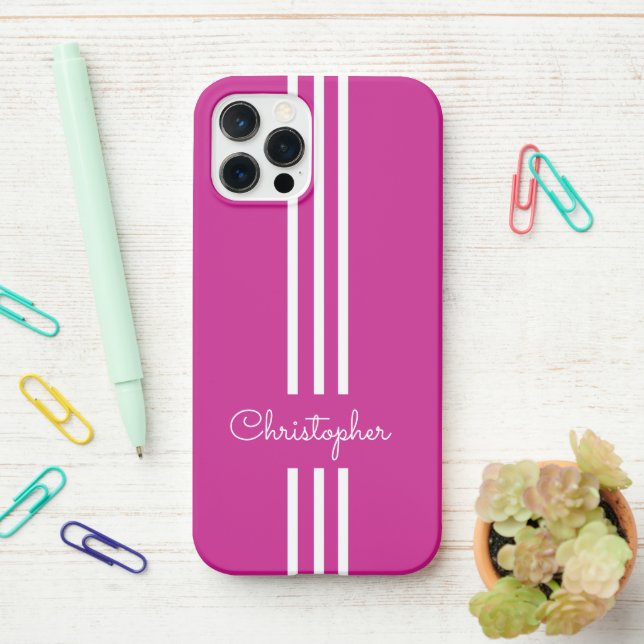 Modern Trendy Racing Stripes monogrammed  iPhone Case (On Desk)