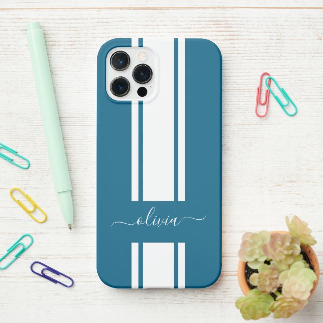 Modern Trendy Racing Stripes monogrammed  iPhone Case (On Desk)