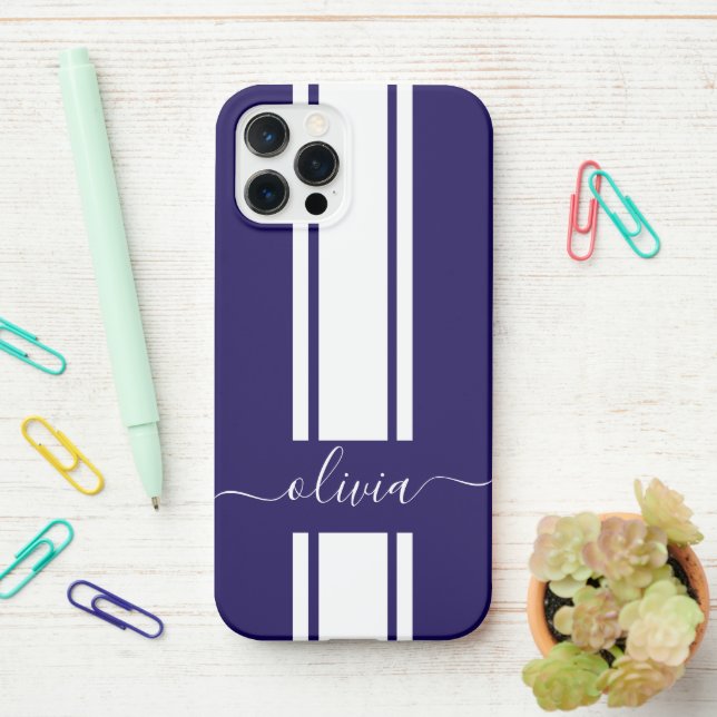 Modern Trendy Racing Stripes monogrammed  iPhone Case (On Desk)