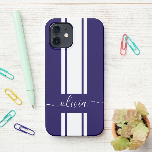 Modern Trendy Racing Stripes monogrammed  iPhone Case (On Desk)