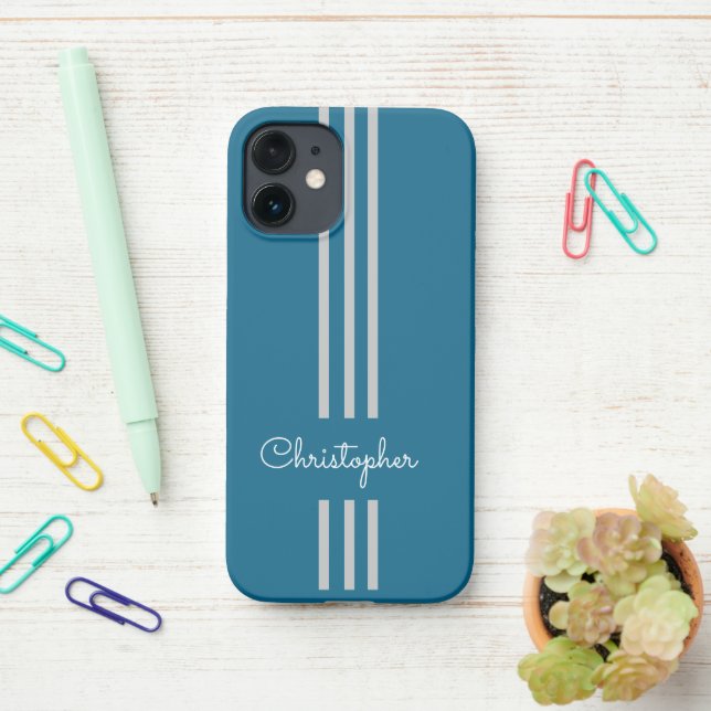 Modern Trendy Racing Stripes monogrammed  iPhone Case (On Desk)