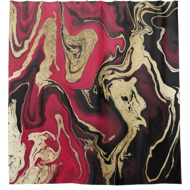Modern trendy red black gold foil marble pattern shower curtain (Front)
