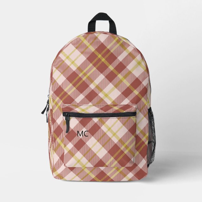 Modern Trendy Red Check Plaid Monogram Initials Printed Backpack (Front)