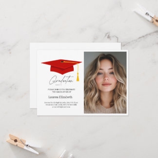 Modern Trendy Red Graduation Cap and Tassel  Invitation