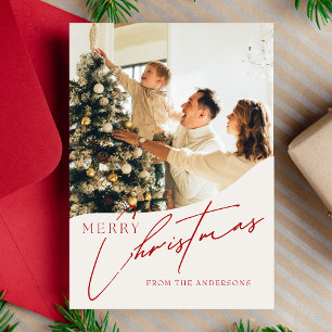 Modern Trendy Red Merry Christmas Family Photo Holiday Card