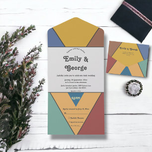 Modern Trendy Retro Colourful Abstract Art Wedding All In One Invitation