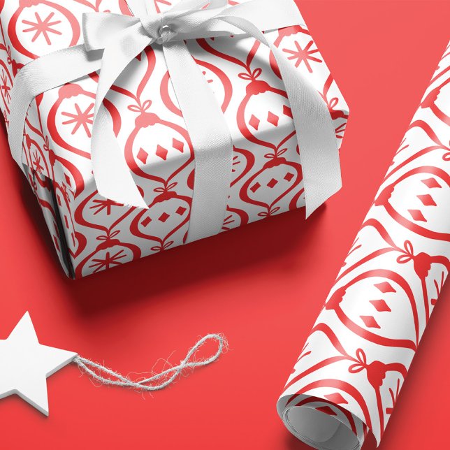 Modern Trendy Retro Red Holiday Ornament Pattern Wrapping Paper (Creator Uploaded)