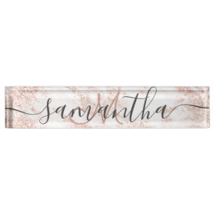 Modern trendy rose gold glitter marble monogram nameplate
