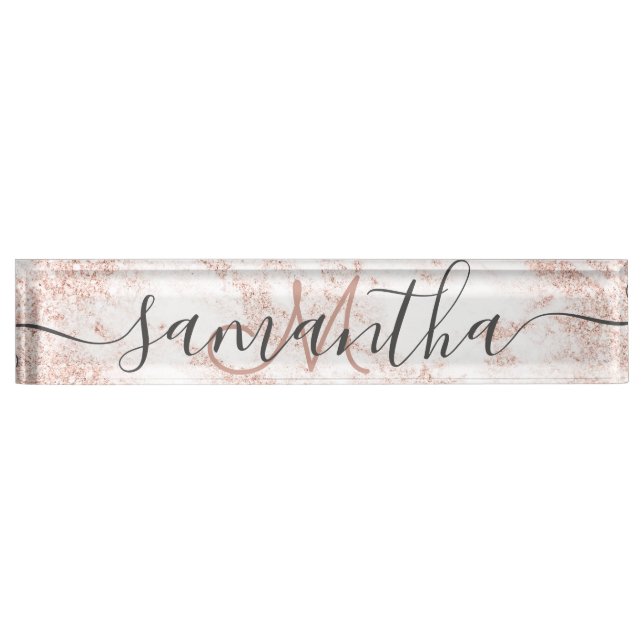 Modern trendy rose gold glitter marble monogram nameplate (Front)