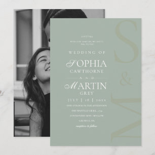Modern Trendy Sage Green Wedding Photo Invitation
