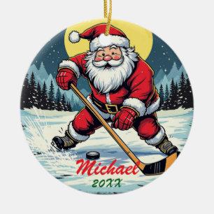 Modern Trendy Santa Playing Ice Hockey Custom Name Ceramic Ornament