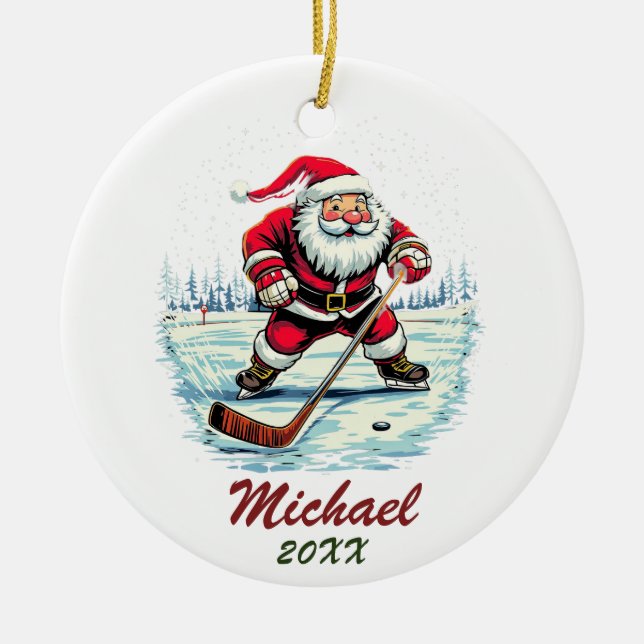 Modern Trendy Santa Playing Ice Hockey Custom Name Ceramic Ornament (Front)