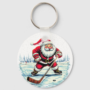 Modern Trendy Santa Playing Ice  Hockey Key Ring