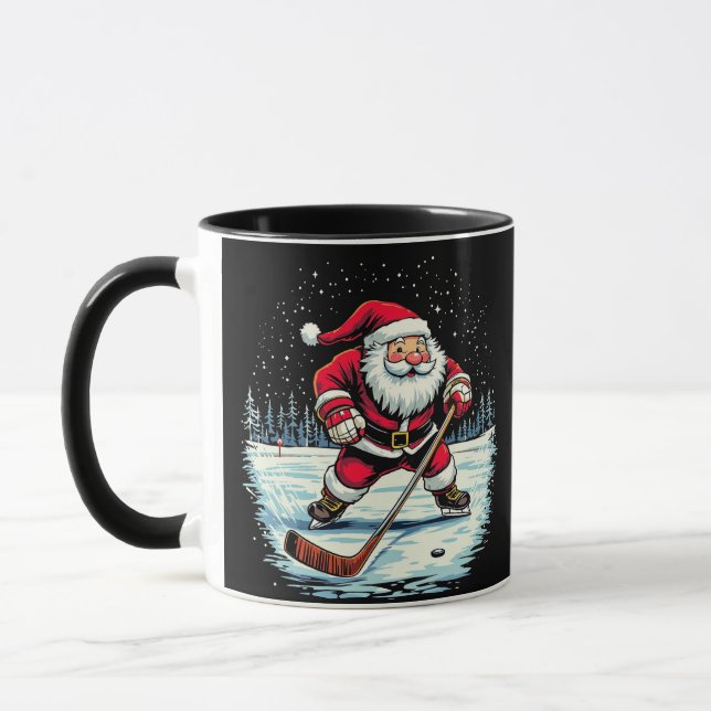 Modern Trendy Santa Playing Ice  Hockey Mug (Left)