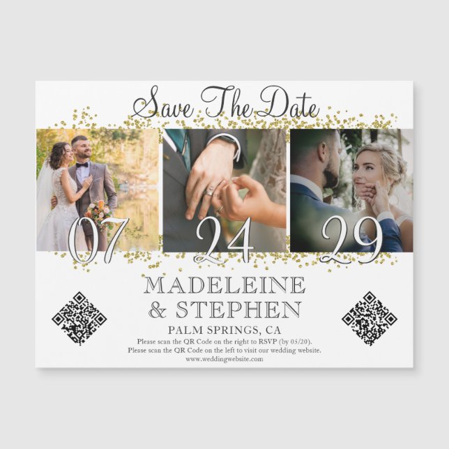 Modern Trendy Script 3 Photo QR CODE Save The Date Magnetic Invitation (Front)