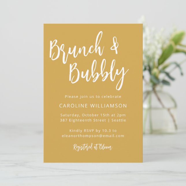Modern Trendy Script Brunch Bubbly Shower Yellow Invitation (Standing Front)