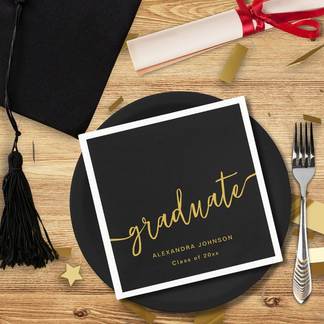 Modern Trendy Script Graduation Party Napkin (Elegant black and gold graduation party custom paper napkins with graduate name and class of 2025)
