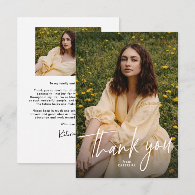 Modern trendy script graduation photo thank you card (Front/Back)