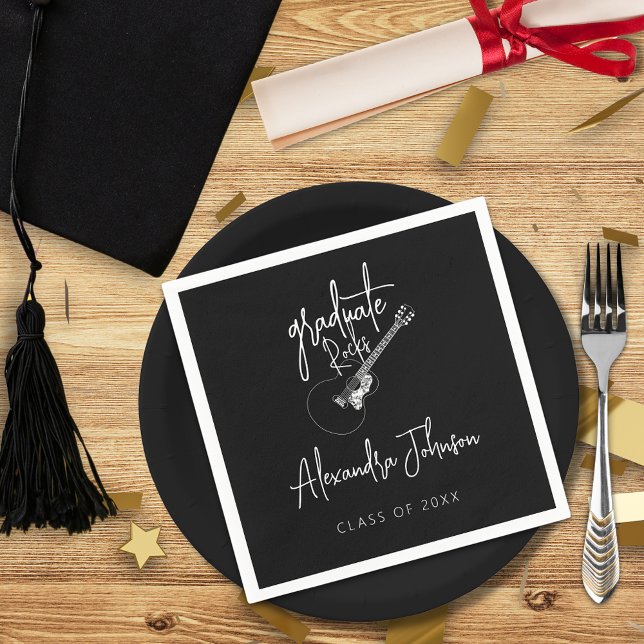 Modern Trendy Script Guitar Graduation Party Napkin (Modern trendy black and white minimalist guitar themed graduation party custom napkin)