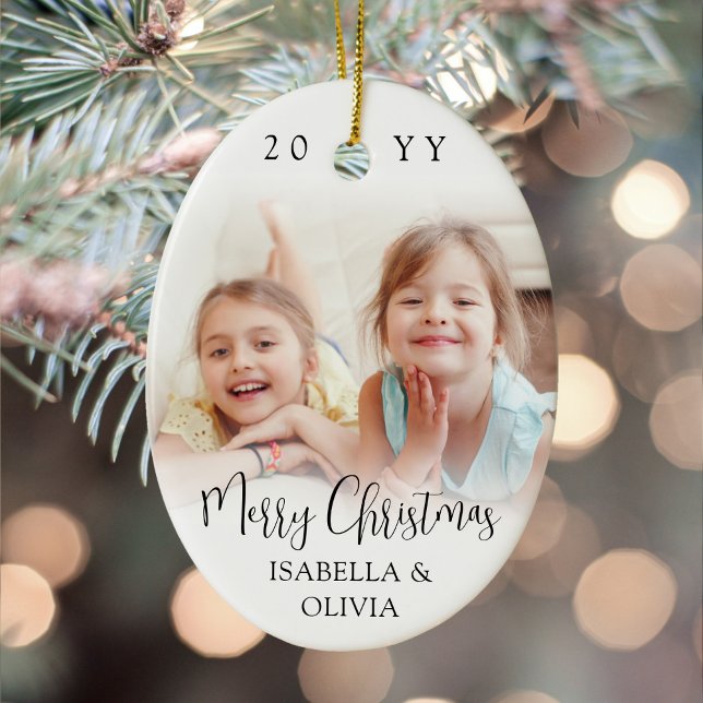 Modern Trendy Script Merry Christmas 2 Photos Oval Ceramic Ornament (Creator Uploaded)