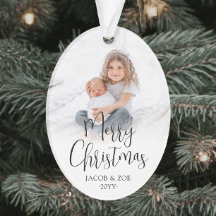 Modern Trendy Script Merry Christmas 2 Photos Oval Ornament