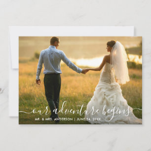 Modern Trendy Script Our Adventure Begins Wedding Thank You Card