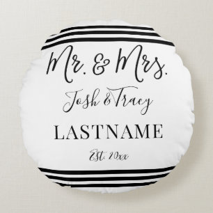 Modern Trendy Script Personalised Mr. and Mrs. Round Cushion