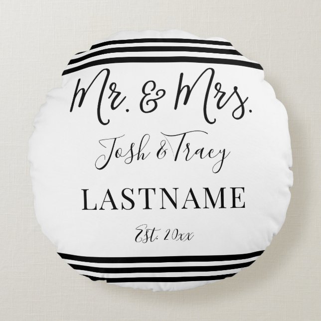 Modern Trendy Script Personalised Mr. and Mrs. Round Cushion (Front)