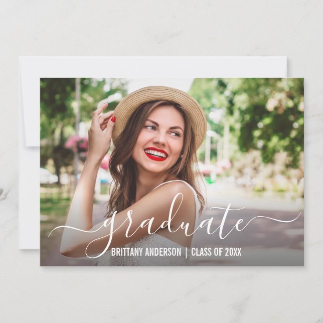 Modern Trendy Script Photo Graduation  Announcement (Front)