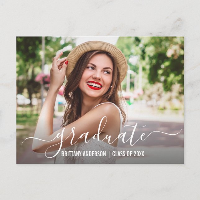 Modern Trendy Script Photo Graduation Party Invitation Postcard (Front)
