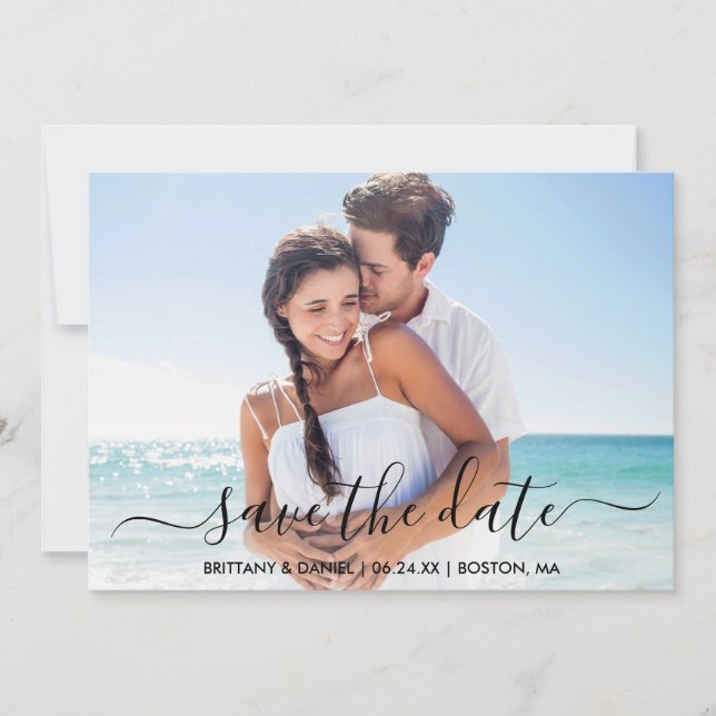 Modern Trendy Script Photo Save The Date Card (Front)