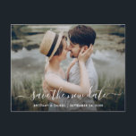 Modern Trendy Script Save The New Date Photo Postcard<br><div class="desc">Modern Trendy Script Save The New Date Wedding Postponement New Wedding Date Couple Photo Postcard</div>